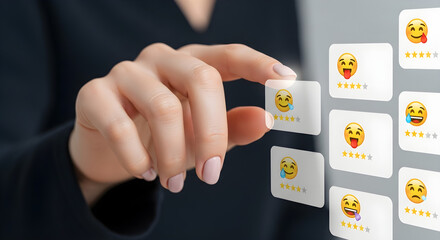 Hand selecting a feedback emoji with star rating from a digital interface screen isolated on white background, tarensparent background, png, jpg,jpeg,  on transparent background