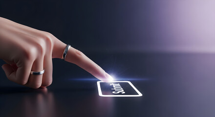 A finger pressing a glowing submit button with rings on a dark reflective surface isolated on white background, tarensparent background, png, jpg,jpeg,  on transparent background