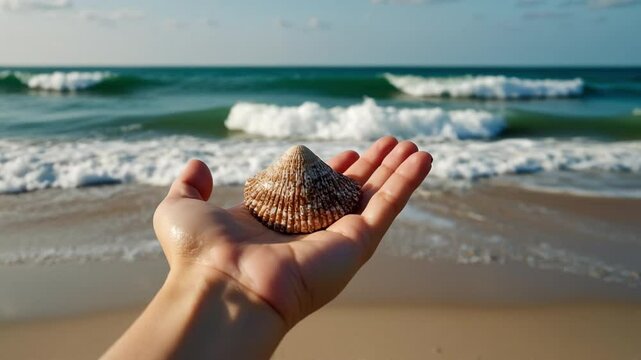 Hand holding seashell on a beach with ocean waves in the background