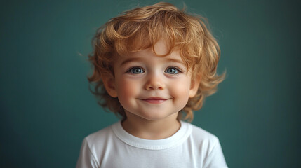 Naklejka premium Smiling toddler with curly red hair against a teal background