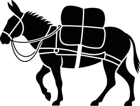 A black silhouette of a donkey with a pack saddle walking on a white background