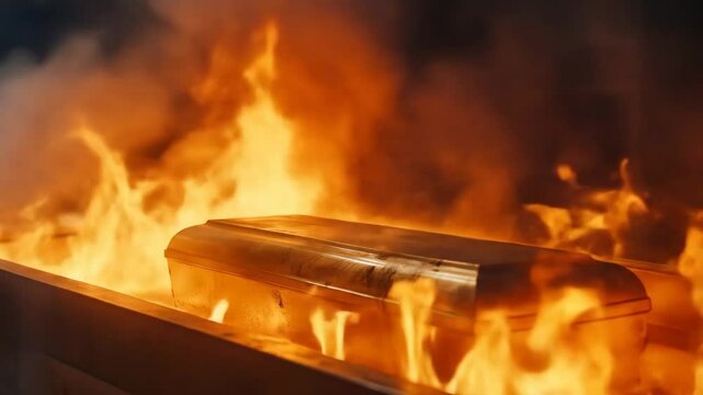A wooden coffin is burning in intense flames and smoke, illustrating a cremation process or symbolic end. Death, funeral, and loss concept footage.