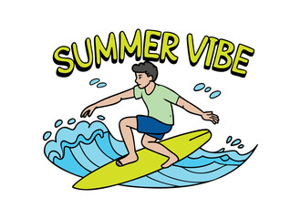 Summer Vibe Illustration of Surfer Riding Waves