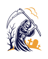 Grim Reaper Illustration with Scythe in Graveyard