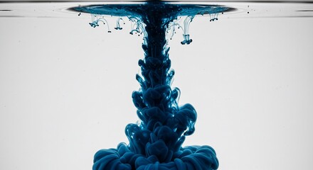 Blue ink explosion under water, creating abstract shapes against a white background