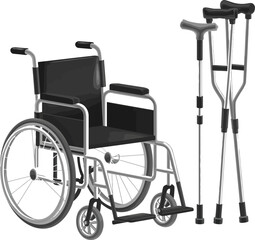 A grayscale image displaying a wheelchair and crutches on a plain white background