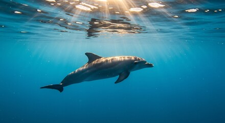 Obraz premium Underwater Dolphin Swimming Gracefully with Sunlight Rays Penetrating the Ocean