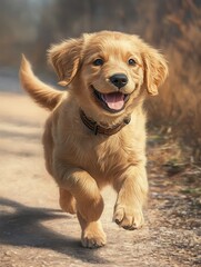 Obraz premium A happy golden retriever puppy being walked outside with joy