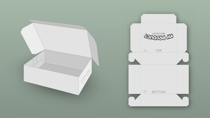 Simple Packaging Box Die Cut Cube Template with 3D Preview, White Editable Blueprint Layout with Cutting Lines, Vector Illustration
