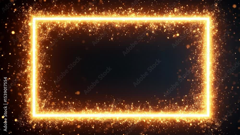 Poster Rectangular frame glowing with golden light particles on black background with copy space for text