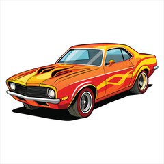 Retro Orange Muscle Car with Yellow Flame Decals Vector Illustration