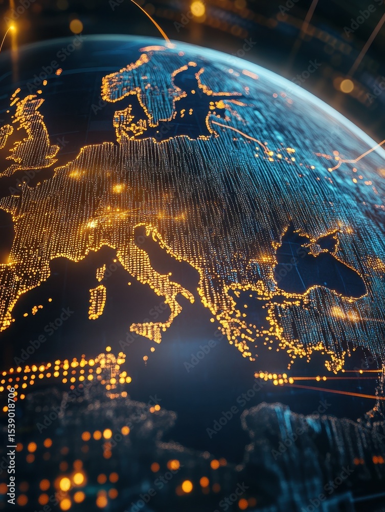 Poster a 3d globe map highlighting europe with binary code flowing and lines connecting digital dots, symbo