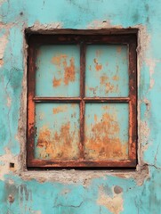 Naklejka premium Rusty window with teal paint on weathered wall