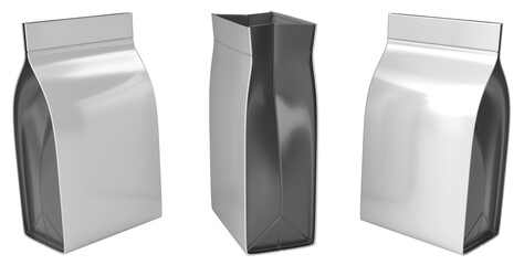 Close-up of realistic white and black stand-up pouch mockups. Closed and open packages. 3d illustration transparent background