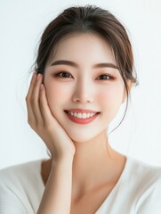 Beautiful portrait asian Korean woman makeup of cosmetic, beauty of happy girl with face smile attractive isolated on white background, perfect with wellness and healthcare concept.