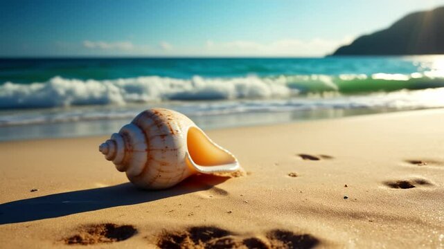 Sunlit seashell rests gently on a golden beach, creating a serene summer background