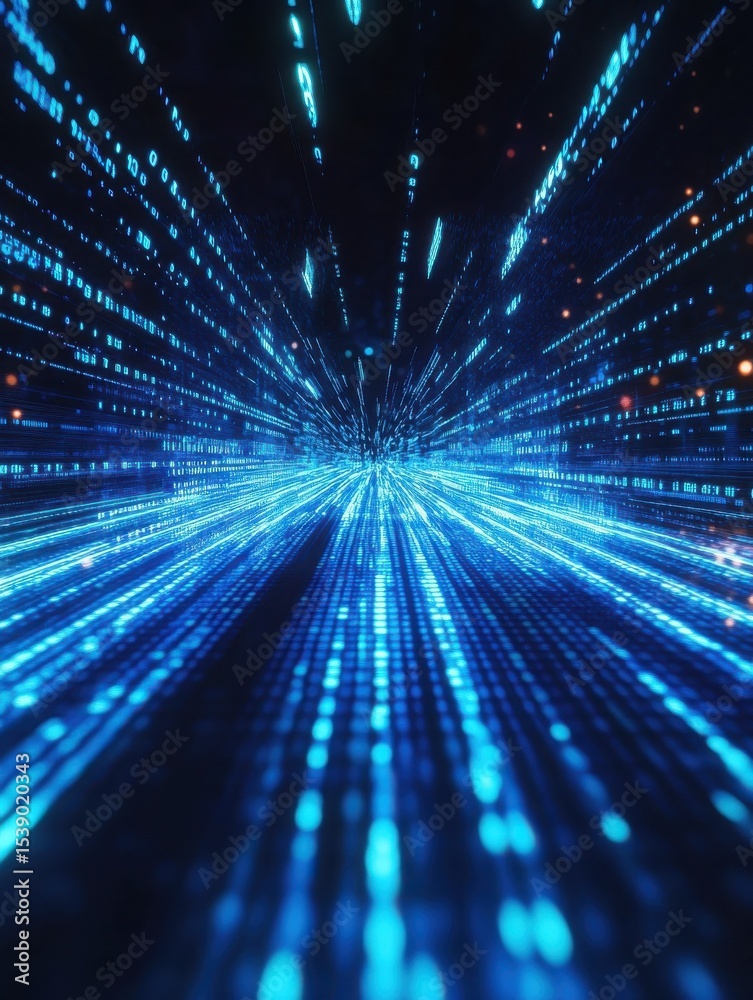 Poster futuristic digital scene with binary code streaming at high speed, radiating blue light and dynamic 