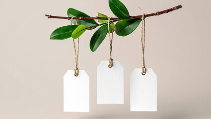 Three blank gift tags hanging from a branch with green leaves