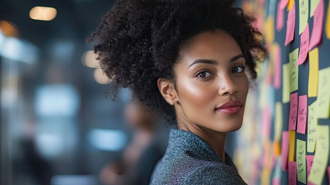 Diverse group of professionals engaging in a brainstorming session with sticky notes and laptops in a collaborative office.