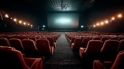 Empty Theater with Rows of Seats and a Large Screen for Entertainment Experience.