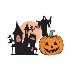 Spooky Halloween Illustration Haunted House, Ghost, Pumpkin. Illustration Vector