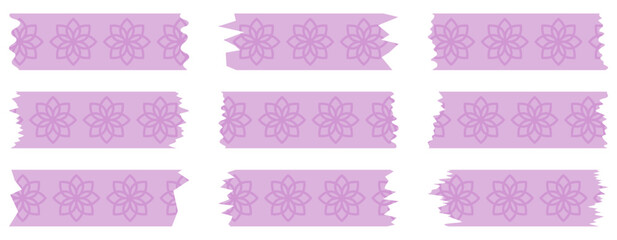 Set of pink washi tapes with pattern isolated on white. Tapes collection in vector. Pieces of decorative tape for scrapbooks. Torn paper. Spring, summer, purple