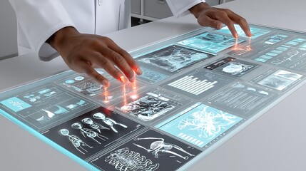 Examining Medical Data on Transparent Touchscreen, Doctor Analyzing Graphical Information on Future Tech Display.
