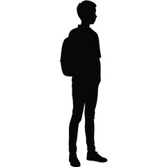 Obraz premium Black Silhouette of Boy Wearing Backpack, Tshirt, Jeans, and Sneakers Standing