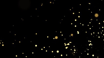 Gold dust particles fly in slow motion in the air lingering slowly. Dust Particles Background Bokeh Lights Background on Black Background 4k Footage Snow Particles Background.
