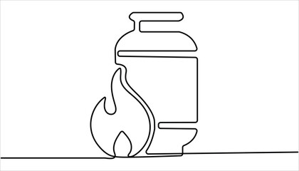 Gas cylinder continuous one line drawing. one line drawing of cylindrical gas tank with fire sign. one line vector illustration. Hand drawn Fire Extinguisher.
