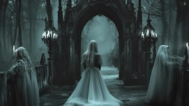 Ethereal princess in flowing white dress walking across misty stone bridge, passing beneath gothic architectural arch while ghostly silhouettes observe from shadowy background
