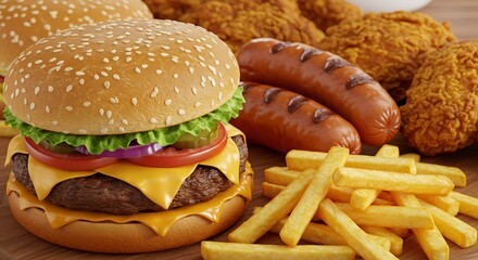 Close-up of home made tasty burger and hot dogs with fried chicken french fries
