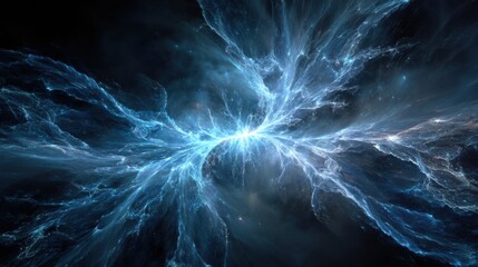 A large, swirling blue and white nebula in the center of the frame. The colors are vibrant and the swirl is intricate, giving the impression of a cosmic dance