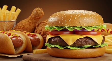 Close-up of home made tasty burger and hot dogs with fried chicken french fries