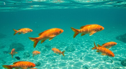 Naklejka premium Vibrant Orange Fish Schooling in Shallow Turquoise Waters