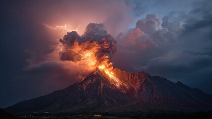 A volcano erupts with a bright orange cloud of smoke and ash. The sky is dark and stormy, with lightning bolts flashing in the distance. The scene is intense and dramatic, with the volcano's power