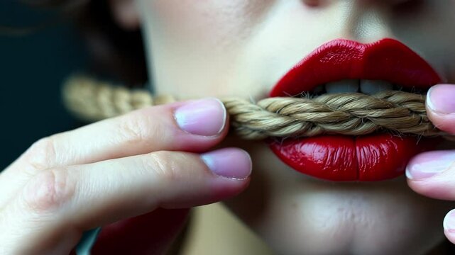 Close-up shows woman mouth bound with rope. Red lips contrast rope texture. Concept art addresses themes of censorship, constraint