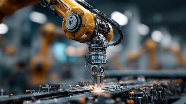 A robot is working on a piece of machinery. The robot is yellow and has a chain around its neck. Concept of industrialization and technological advancement