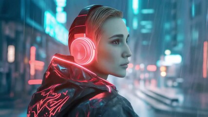 Futuristic woman with glowing headphones walks through a rainy cyberpunk city at night, showcasing a blend of technology and urban atmosphere - Powered by Adobe