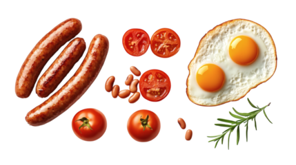 Traditional English breakfast with baked beans, grilled tomato, sausage, and fried egg isolated on transparent background 