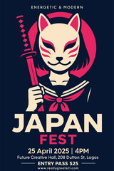 Japan fest event poster with anime girl in fox mask holding katana in flat vintage Japanese style vector illustration