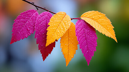 autumn leaves on a tree. Multicolored Dew-Covered Leaves on a Branch. Color Transition Leaves with Water Droplets – Nature Macro Photography