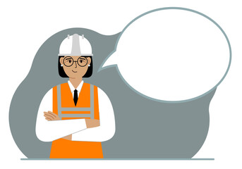 A female builder in a white helmet and vest, next to a white bubble of thoughts. Plans, thoughts, places, strategies. Vector flat illustration.