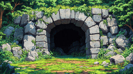 Stone archway entrance to dark mine in overgrown forest