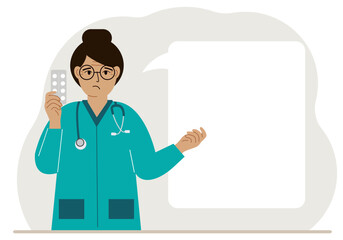 A female doctor holds pills in his hand. There is space for text next to it. Vector flat illustration.