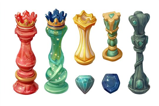 Colorful chess pieces and gems displayed on a white background showcasing intricate designs and craftsmanship