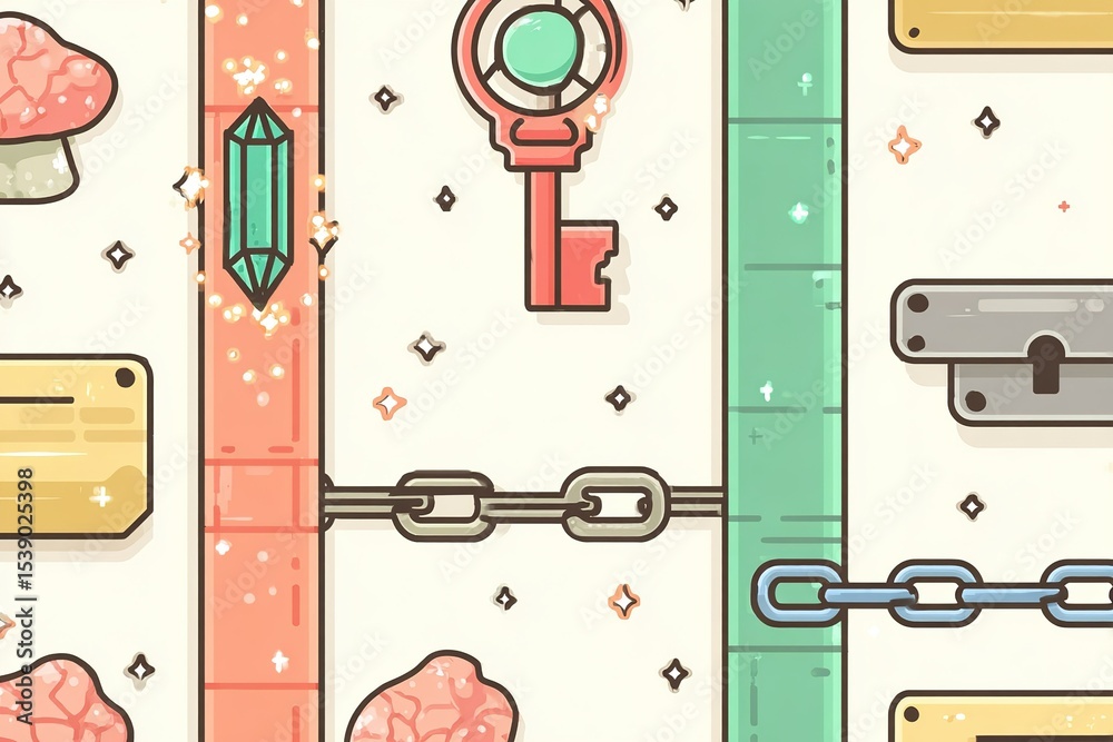 Poster exploring a whimsical world filled with colorful keys and locks, showcasing unique patterns and vibr