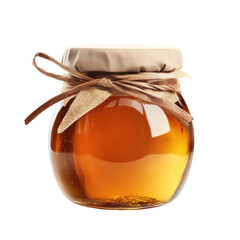 Clear Glass Jar of Golden Honey Tied with Natural Twine in a Simple Rustic Style on transparent background