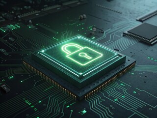 Data Security and Cybersecurity: Illuminated Padlock on Microchip