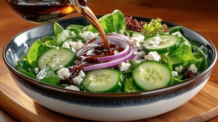 Fresh vegetable salad with cucumbers, red onions, lettuce, feta cheese, and balsamic vinegar dressing in a bowl